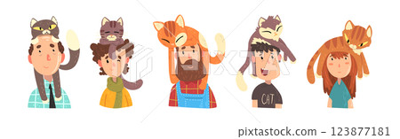 Man and Woman Pet Owner with Cat on Their Head Vector Set 123877181