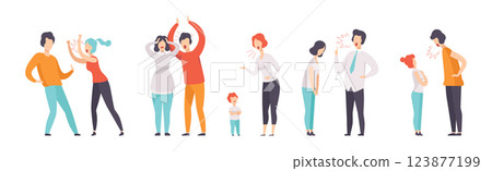 People Fighting and Quarreling Making Loud Public Scandal Vector Set People Fighting and Quarreling Making Loud Public Scandal Vector Set 123877199
