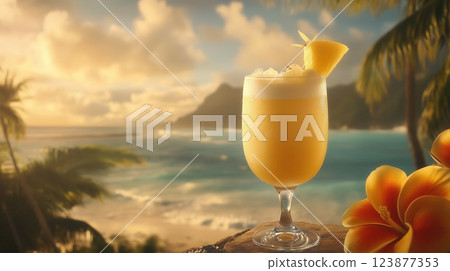 Tropical Cocktail with Pineapple by the Ocean 123877353