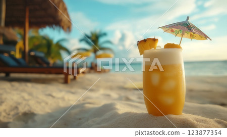 Tropical Pineapple Cocktail on Sandy Beach 123877354