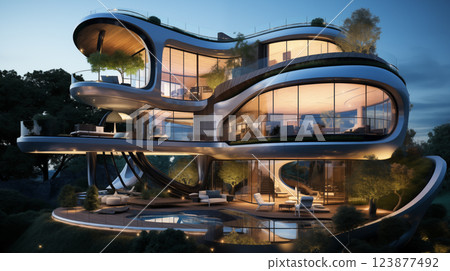 Luxury Futuristic Home With Unique Architecture and Panoramic Evening Views Luxury Futuristic Home With Unique Architecture and Panoramic Evening Views 123877492