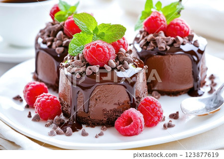 Delicious chocolate desserts topped with fresh raspberries and mint leaves on a white plate Delicious chocolate desserts topped with fresh raspberries and mint leaves on a white plate 123877619