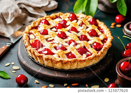 Delicious cherry pie with a golden crust and almond slices displayed on a wooden board in a rustic kitchen setting Delicious cherry pie with a golden crust and almond slices displayed on a wooden board in a rustic kitchen setting 123877620