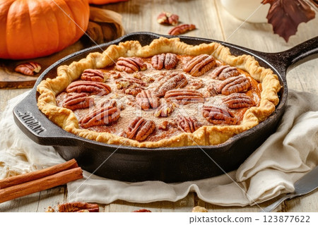 Pecan pie baked in a cast iron skillet surrounded by autumn decorations and spices Pecan pie baked in a cast iron skillet surrounded by autumn decorations and spices 123877622