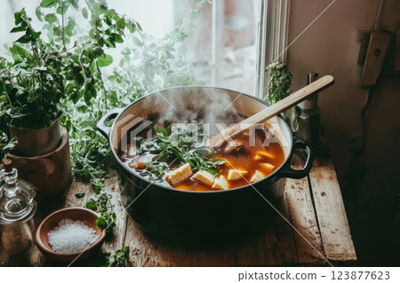 Aromatic stew simmering in a black pot on a wooden table surrounded by fresh herbs and greenery Aromatic stew simmering in a black pot on a wooden table surrounded by fresh herbs and greenery 123877623
