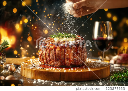 Juicy steak topped with herbs and salt served with glass of red wine during an elegant evening meal Juicy steak topped with herbs and salt served with glass of red wine during an elegant evening meal 123877633