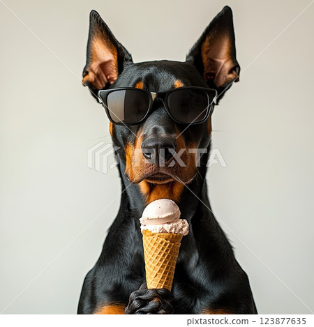 Dog wearing sunglasses enjoys cone of ice cream in a fun, playful setting during summer time Dog wearing sunglasses enjoys cone of ice cream in a fun, playful setting during summer time 123877635
