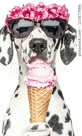 Dalmatian dog enjoys ice cream cone while wearing sunglasses and a flower crown in a playful summer setting Dalmatian dog enjoys ice cream cone while wearing sunglasses and a flower crown in a playful summer setting 123877666