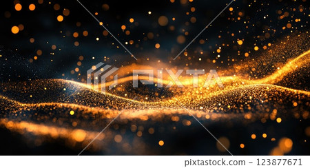 Mesmerizing golden particles illuminate a dark background in an abstract display of light and movement Mesmerizing golden particles illuminate a dark background in an abstract display of light and movement 123877671
