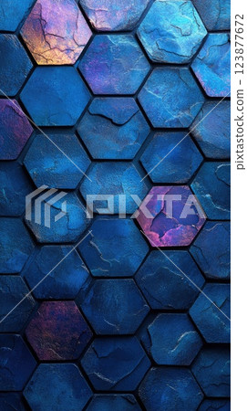 Texture of blue and purple hexagonal tiles creating an abstract pattern on a surface Texture of blue and purple hexagonal tiles creating an abstract pattern on a surface 123877672