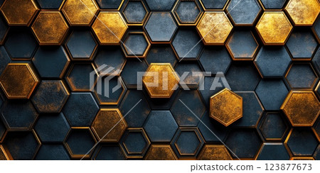 Hexagonal wall design featuring gold and black elements in a modern interior setting for artistic decor 123877673