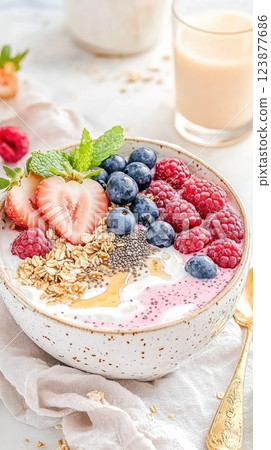 Healthy breakfast bowl with fresh fruits, yogurt, and granola on a light table setting in the morning Healthy breakfast bowl with fresh fruits, yogurt, and granola on a light table setting in the morning 123877686