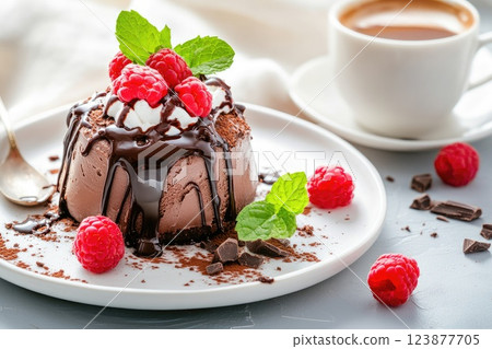 Indulgent chocolate dessert with fresh raspberries and mint served alongside a cup of coffee 123877705