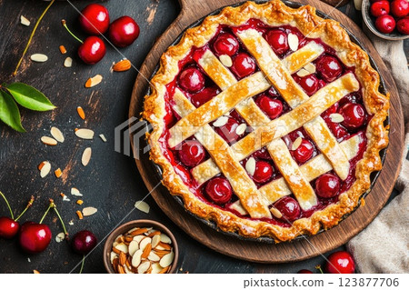 Cherry pie with a golden lattice crust and almonds, garnished with fresh cherries on a wooden background 123877706