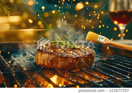 Grilled steak sizzling on the barbecue with herbs and a glass of red wine in a warm, outdoor setting during evening 123877707
