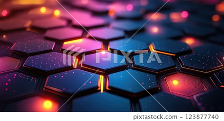 Colorful hexagonal patterns illuminated by vibrant lights create a captivating abstract design at night Colorful hexagonal patterns illuminated by vibrant lights create a captivating abstract design at night 123877740
