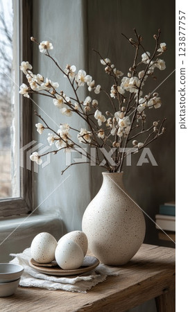 Decorative arrangement of eggs and flower branches in a soft-lit room by the window 123877757