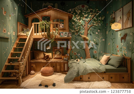 Cozy children's room featuring a wooden treehouse bed and nature-themed decor with soft lighting 123877758