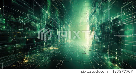 Digital landscape showcasing a futuristic green corridor with glowing data streams and abstract patterns 123877767