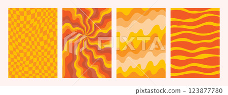 Abstract Groovy backgrounds. Set of psychedelic retro patterns in orange colors. Trendy twisted and checkered funky vector texture in abstract y2k style. Vector graphic for posters and art prints. Abstract Groovy backgrounds. Set of psychedelic retro patterns in orange colors. Trendy twisted and checkered funky vector texture in abstract y2k style. Vector graphic for posters and art prints. 123877780