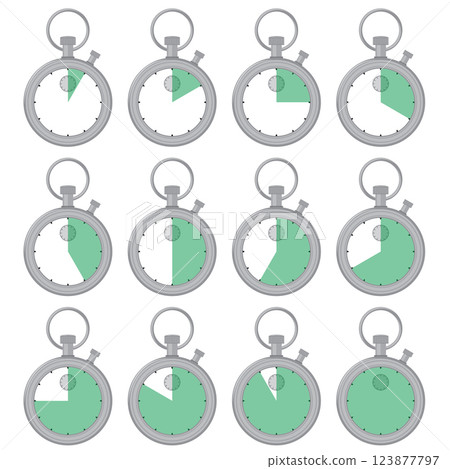 Vector Stopwatch or timer showing time. Label cooking time. Chronometer, time counter with dial. Countdown time, hours and minutes. Deadline, sport measurement 123877797