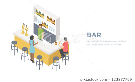 Isometric 3D flat interior of bar or pub. The chairs stand around the bar. Alcoholic drinks on the shelves. People in bar concept. 123877799