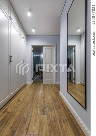 Modern Hallway with White Cabinets and Wooden Flooring 123877821