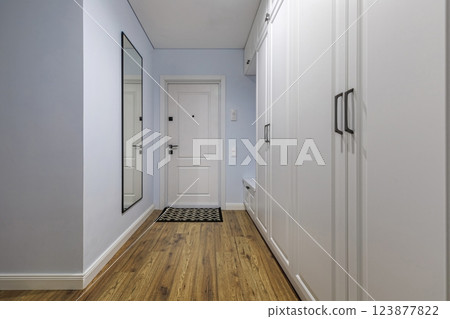 Stylish Hallway with White Storage and Wooden Flooring 123877822