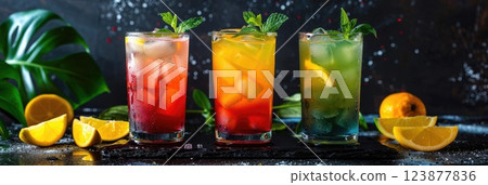 Zimbabwe Independence Day, citrus fruits red yellow green cocktails with mint, dark background, horizontal banner 123877836