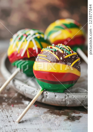 Zimbabwe Independence Day, festive round cookies decorated with red yellow green icing, vertical banner 123877844