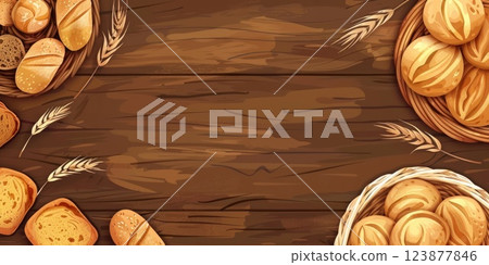 illustration, horizontal banner for bakery, assortment of bread and rolls, wheat ears, brown wooden background, copy space, free space for text 123877846