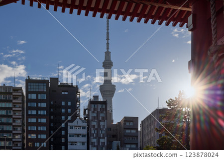Tokyo Skytree rises above city buildings framed by the wooden architecture of a temple Senso-ji Tokyo Skytree rises above city buildings framed by the wooden architecture of a temple Senso-ji 123878024