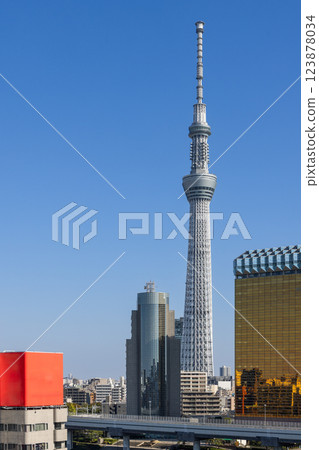 The towering Tokyo Skytree dominates the city skyline in this vertical shot 123878034