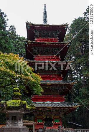 Five-story pagoda at Toshogu Shrine in Nikko Japan with intricate wooden details and red exterior Five-story pagoda at Toshogu Shrine in Nikko Japan with intricate wooden details and red exterior 123878069
