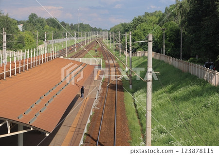 Local railway in the Moscow region, platform and rails, Kraskovo station, June 2022. 123878115