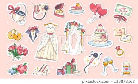 Wedding icons vector set. Marriage accessory for ceremony. Engagement items for bride and groom celebration. Tuxedo and dress, ring, flower, camera, cake, sign, altar, invitation, candle, champagne. 123878168