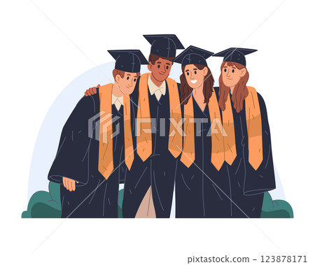 Graduated students in academic mortarboard. Vector flat clipart of university or collage, post school scholar education celebration end and diploma achievement. Knowledge and study. Scholarly life. 123878171