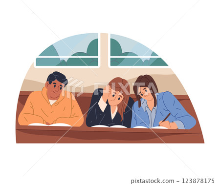 University students at desk. Vector sign for study and learning. Academic life and teamwork, research and collaboration. Higher education environment with books. Course and curriculum, brainstorm. 123878175