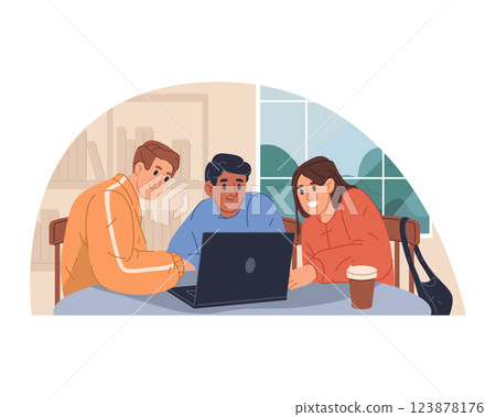 Students socializing or having chat at cafe. Vector people engaged in group education or study life. Teamwork and social learning poster. Relaxed university or college discussion, conversation. Students socializing or having chat at cafe. Vector people engaged in group education or study life. Teamwork and social learning poster. Relaxed university or college discussion, conversation. 123878176