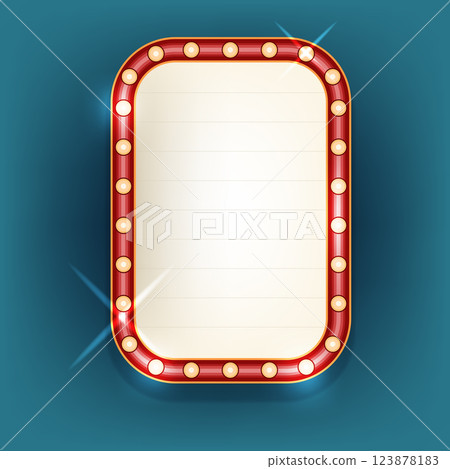 Wall retro board with lights. Vector vintage sign for advertising or entertainment show. Illuminated signboard for cinema or broadway. Casino decoration element with lamp. Signage and promotion. 123878183