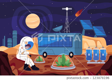 Mars base or red planet colony. Vector illustration of space colonization or first galaxy settlement with greenhouse and water. Cosmonaut at universe outpost on exploration mission. Spaceman journey. 123878196