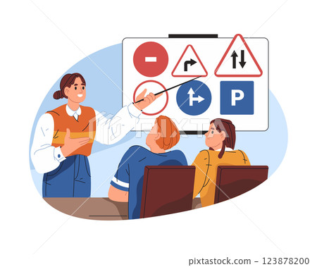 Driving lesson with instructor showing road signs on board. Vector illustration of training session on traffic rules and road safety. Driver learner in classroom. Highway stop, turn and parking sign. Driving lesson with instructor showing road signs on board. Vector illustration of training session on traffic rules and road safety. Driver learner in classroom. Highway stop, turn and parking sign. 123878200