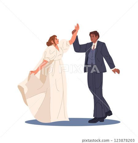 Bride and groom do a romantic wedding dance. Vector marriage dancing of newlyweds. Nuptial ceremony with movement. Couple dance waltz at ballroom. Music and choreography. Pair love unity card. Festive 123878203