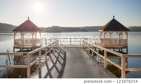 Lake Barlinek promenade, West Pomeranian Voivodeship, Poland. 123878254