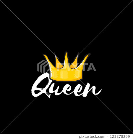 Queen Golden Crown with White Script Typography, Elegant Symbol of Royalty and Feminine Power on Black Background, Perfect for Luxury Design and Digital Art Projects 123878299