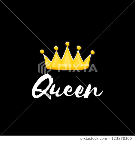 Queen Golden Crown with White Script Typography, Elegant Symbol of Royalty and Feminine Power on Black Background, Perfect for Luxury Design and Digital Art Projects 123878300
