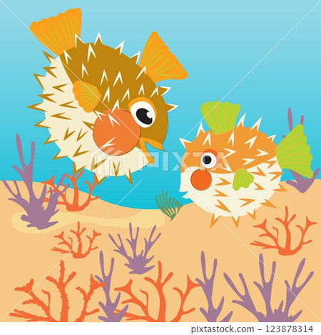 two blowfish character in the sea landscape 123878314