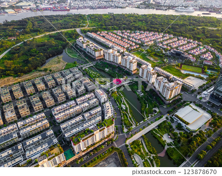 luxury residential district sala city with river, modern houses, green tropical parks and modern environment, contemporary real estate of Ho Chi Minh city, Vietnam, aerial drone view 123878670