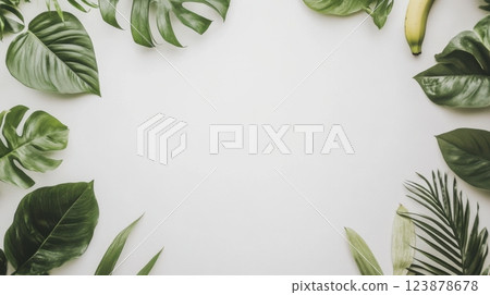 A clean and vibrant frame of lush tropical leaves including monstera, palm fronds, and ferns arranged symmetrically, set against a white background for a fresh, nature-inspired look. 123878678