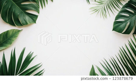 A clean and vibrant frame of lush tropical leaves including monstera, palm fronds, and ferns arranged symmetrically, set against a white background for a fresh, nature-inspired look. 123878679
